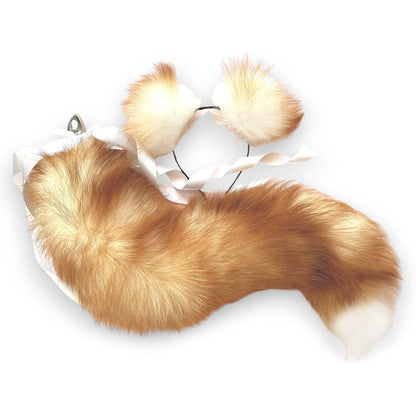 Lon Red fox tail butt plug and ears set, real fur, 28 inch, detachable stainless steel plug, luxury pet play cosplay accessory by OhMyBP™