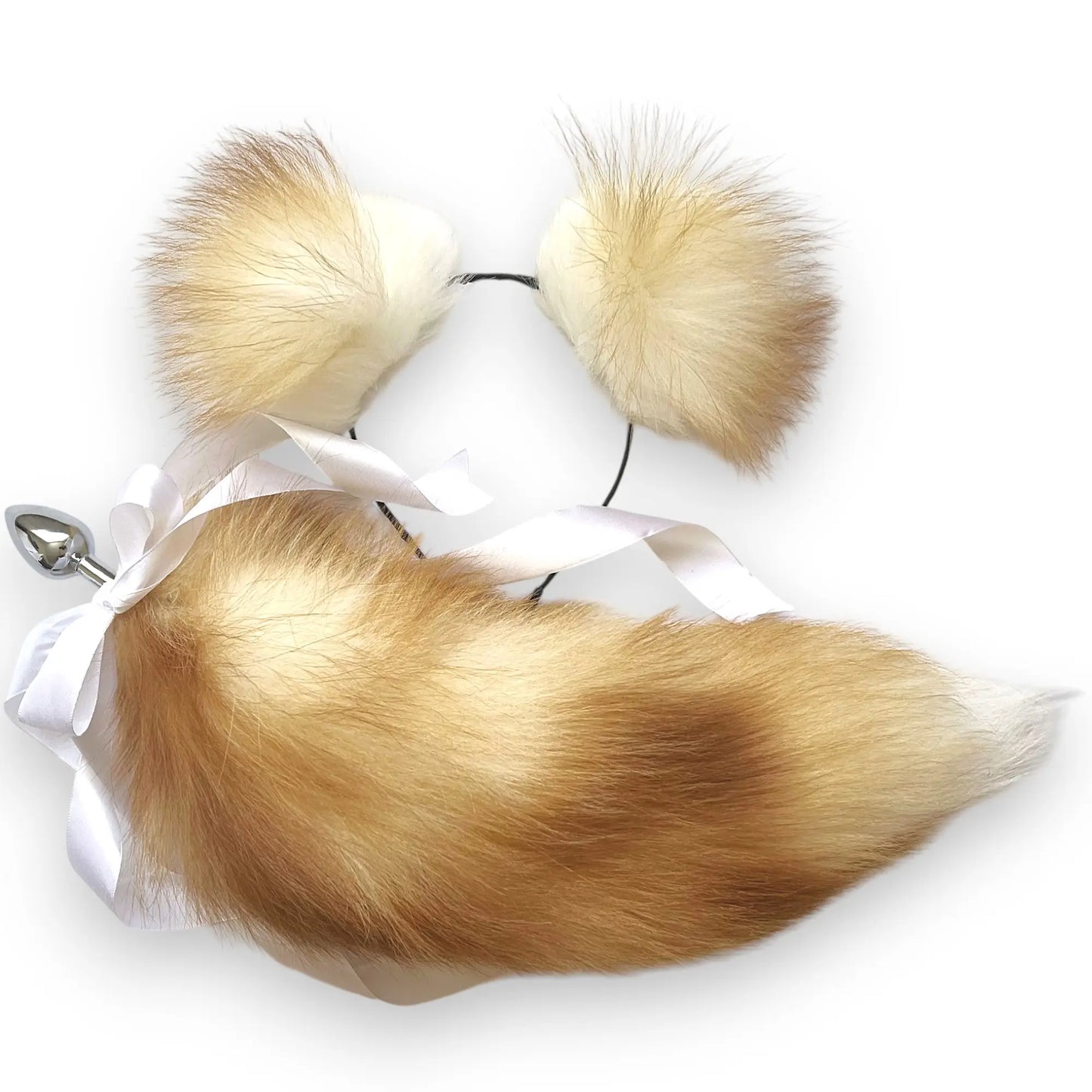 Natural red fox fur tail plug and ears set with white tip and detachable metal butt plug