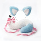 Furry faux fur white and blue cat tail butt plug and ears with a bow on a white background