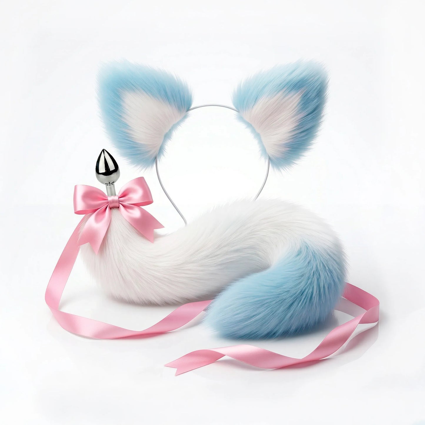 Furry faux fur white and blue cat tail butt plug and ears with a bow on a white background