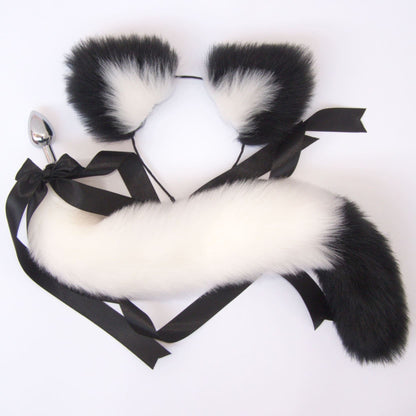 White and Pink Cat Tail & Ears Set (20" Tail) - Detachable Butt Plug