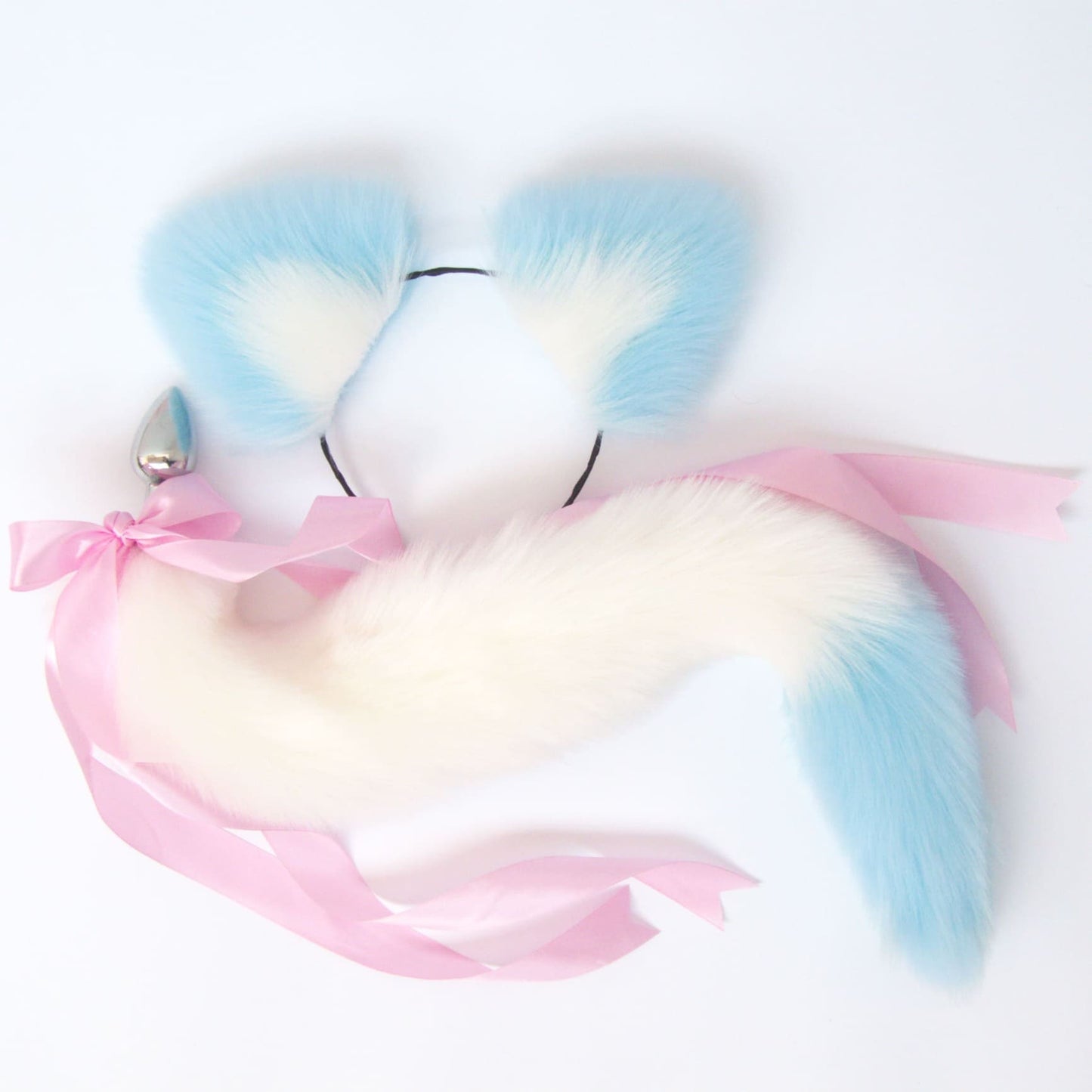 White and Pink Cat Tail & Ears Set (20" Tail) - Detachable Butt Plug