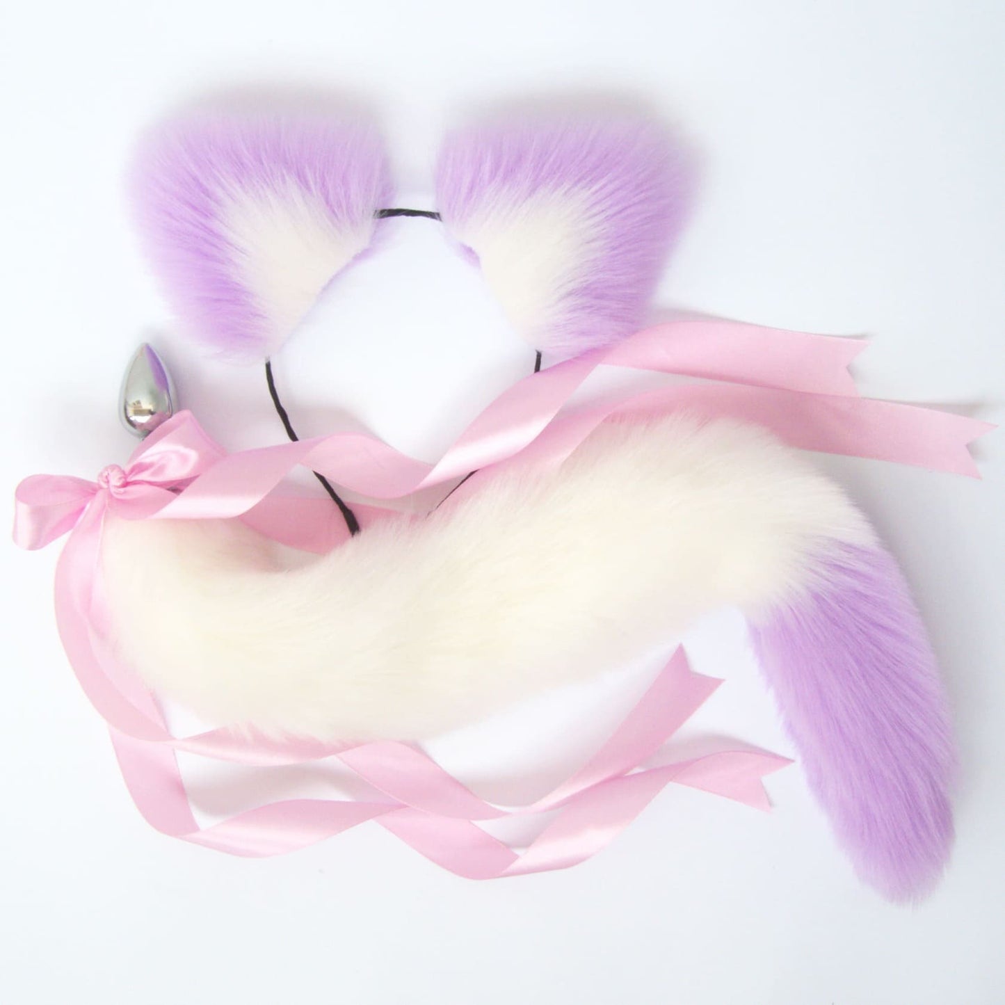White and Pink Cat Tail & Ears Set (20" Tail) - Detachable Butt Plug
