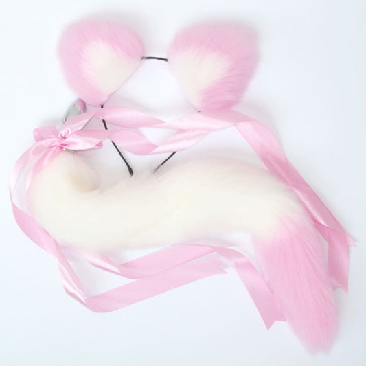 OhMyBP™ White and Pink Cat Tail Butt Plug 20 in (50 cm) - DDLG Set