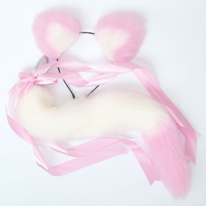 White and Pink Cat Tail & Ears Set (20" Tail) - Detachable Butt Plug