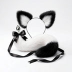 Furry faux fur white and black cat tail butt plug and ears with a bow on a white background