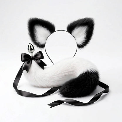 Furry faux fur white and black cat tail butt plug and ears with a bow on a white background