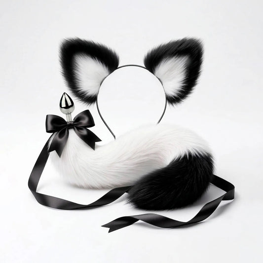 Furry faux fur white and black cat tail butt plug and ears with a bow on a white background