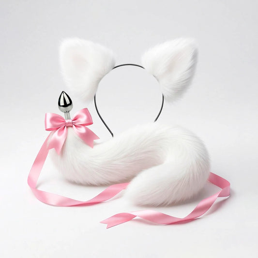 Furry faux fur white cat tail butt plug and ears with a bow on a white background