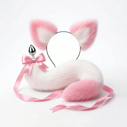 Furry faux fur white and pink cat tail butt plug and ears with a bow on a white background