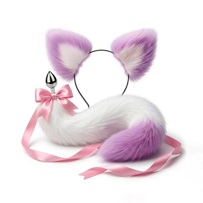 Furry faux fur white and purple cat tail butt plug and ears with a bow on a white background