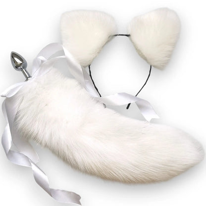 Natural white fox fur tail plug and ears set with detachable stainless steel butt plug