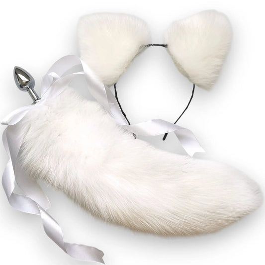 Natural white fox fur tail plug and ears set with detachable stainless steel butt plug