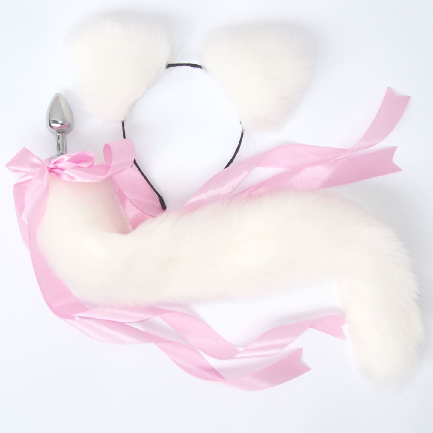 White and Pink Cat Tail & Ears Set (20" Tail) - Detachable Butt Plug