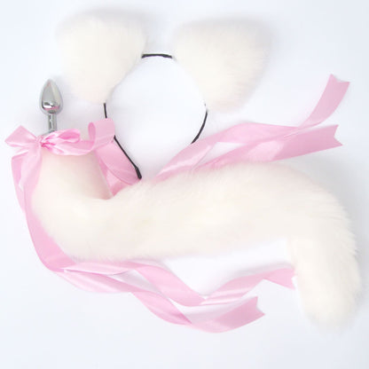White and Pink Cat Tail & Ears Set (20" Tail) - Detachable Butt Plug