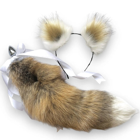 Natural yellow-gray fox fur tail plug and ears set with white tip and detachable metal butt plug