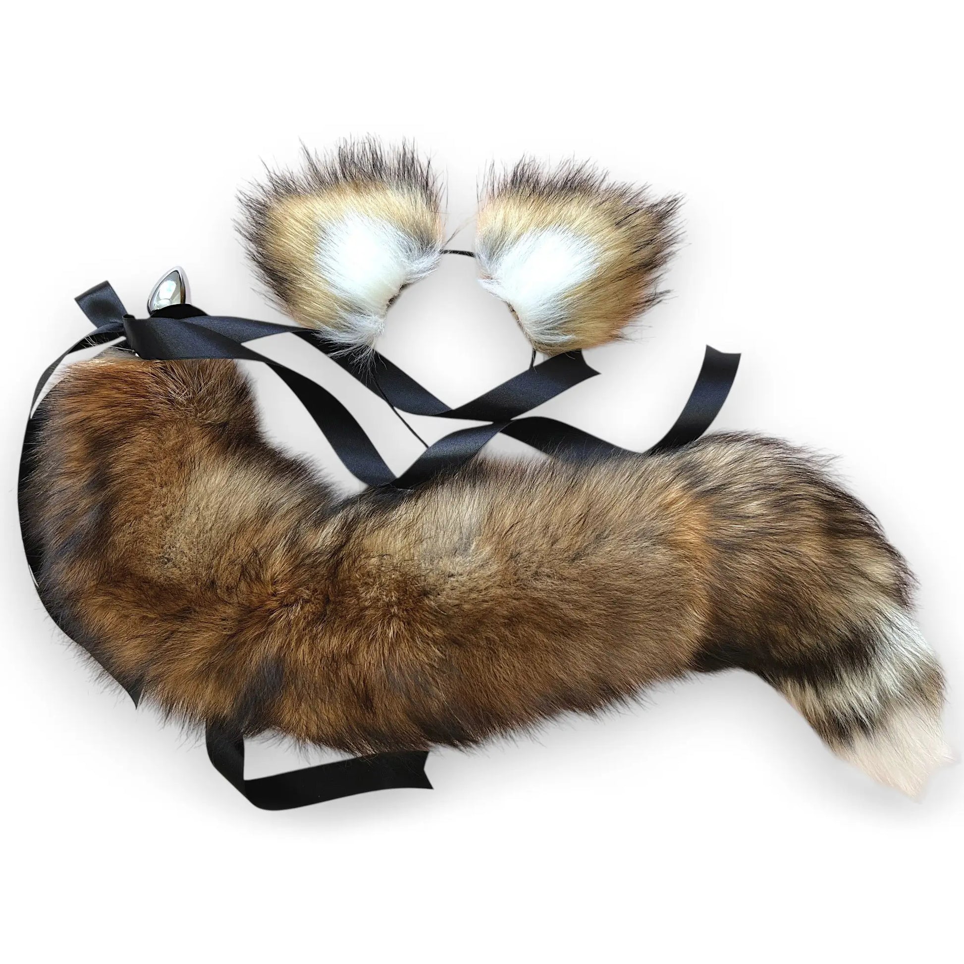 Long Brown fox tail butt plug and ears set, real fur, 28 inch, detachable stainless steel plug, luxury pet play cosplay accessory by OhMyBP™